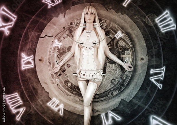 Obraz futurystyczna kobieta przechodzi od przeszłości do przyszłości