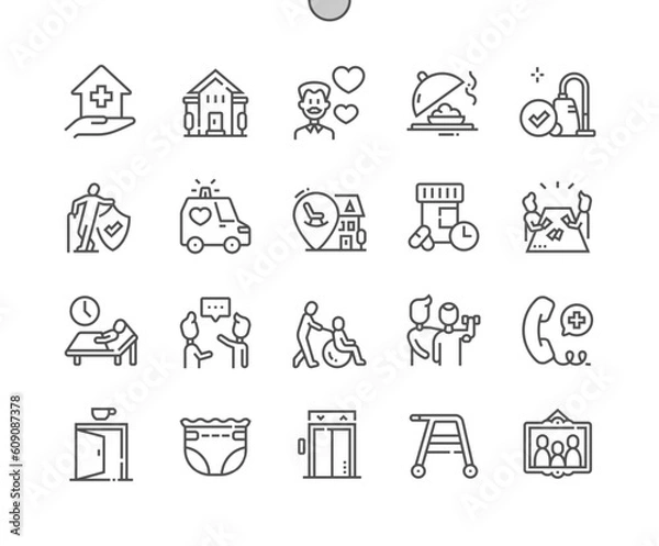 Fototapeta Nursing home. Elderly people. Disabled care. Ambulance, special diet, cafeteria, diaper. Pixel Perfect Vector Thin Line Icons. Simple Minimal Pictogram