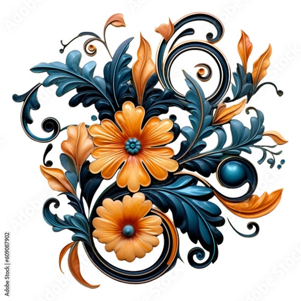 Fototapeta Blue floral decoration illustration on a Transparent Background, in draw style, dark brown, Blue and black Colors, Ai generated