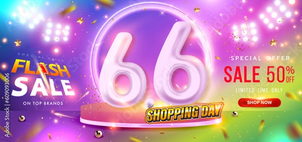 Fototapeta 6.6 shopping day poster or banner on pink, purple and green background banner template design. Big sale event on the stage of the spotlight LED and neon lighting. Special Offer Sale 50% Off. Vector.