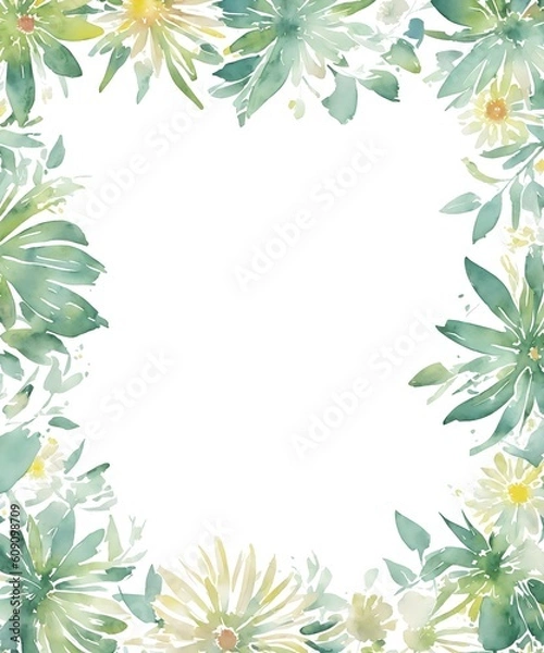 Fototapeta Watercolor frame with gerbera flowers and leaves.
Templates for design, botanical illustration in watercolor style. Illustration on white background, for wedding cards, invitation. Generative AI