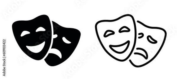 Fototapeta Theatrical masks vector icon set. Theater, theatre  mask signs. Masquerade mask. Comedy and tragedy mask symbols.. Vector illustration