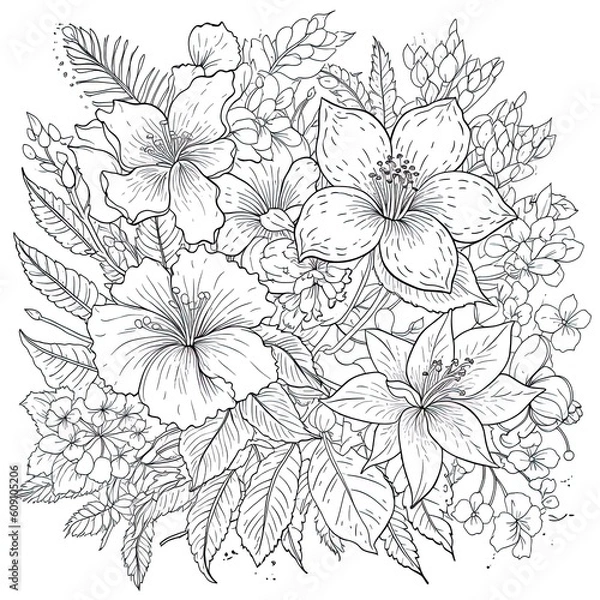 Fototapeta drawing and sketch flower. Black and white with line art illustration. Generative AI
