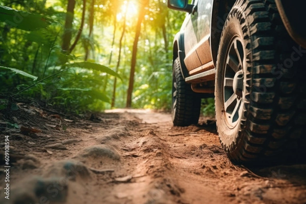 Fototapeta Four wheel drive SUV is driving on muddy road in jungle. Jeep on safari after rain. Car racing offroad. Created with Generative AI