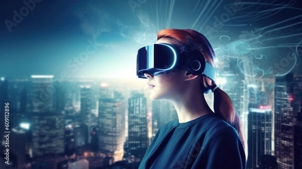 Obraz  Generative AI Girl Experiencing virtual technology world