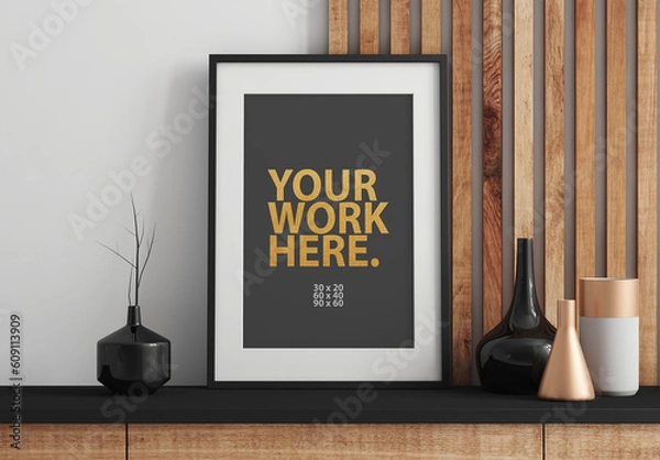 Fototapeta Vertical black Poster Art Frame Mockup with passepartout on commode