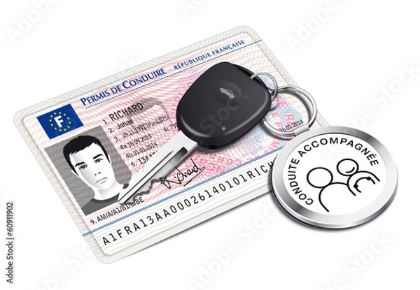 Fototapeta Nouveau permis de conduire avec porte-clé conduite accompagnée