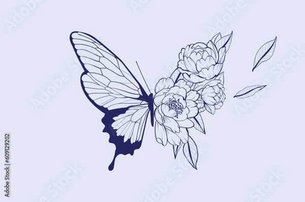 Obraz Bright illustration with a butterfly and flowers on a blue background. 