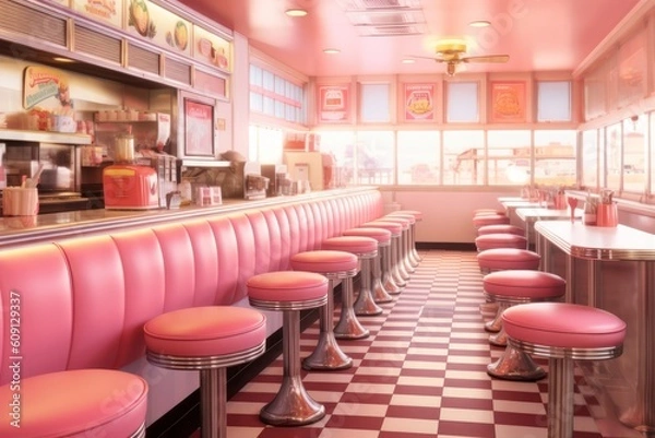 Fototapeta American diner, 50 and 60s style, retro or vintage restaurant Generative AI tool