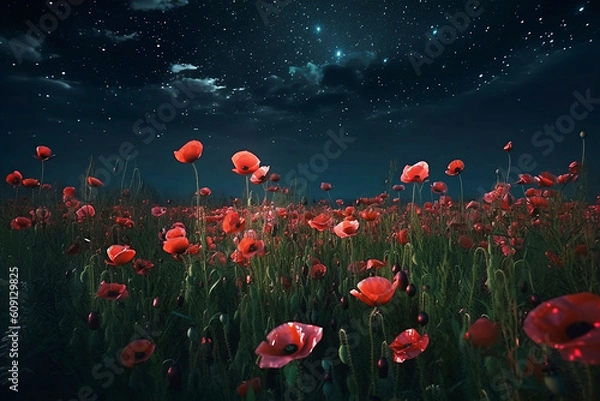 Obraz meadow of red poppies at starry night