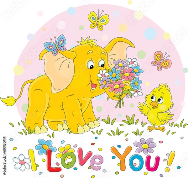 Fototapeta I love you card with a little baby elephant giving a beautiful bouquet of colorful flowers to a happy small chick, vector cartoon illustration isolated on a white background