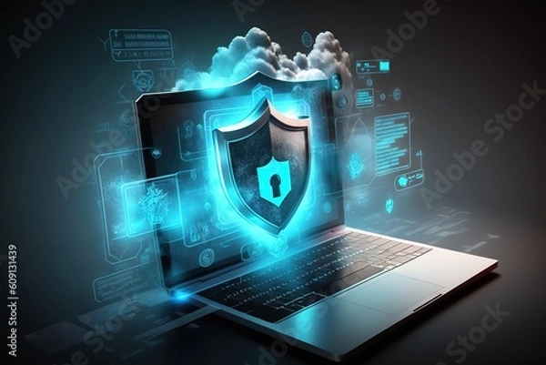 Fototapeta Cyber security, data protection, cyberattacks concept on blue background. Database security software development. Online security concept. Laptop protected with shield. AI