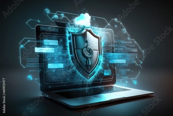 Fototapeta Cyber security, data protection, cyberattacks concept on blue background. Database security software development. Online security concept. Laptop protected with shield. AI