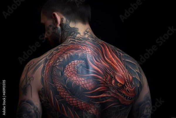Fototapeta Dragon Tattoo art on the back of a person, Created with generative AI tools