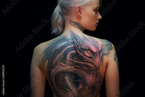 Fototapeta Dragon Tattoo art on the back of a person, Created with generative AI tools