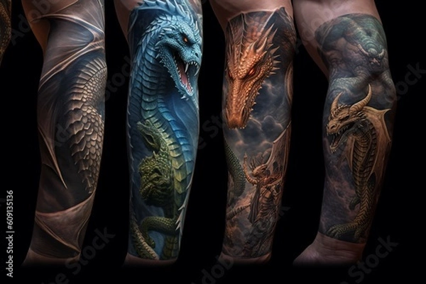Fototapeta Dragon Tattoo art on arm with great colors, Created with generative AI tools
