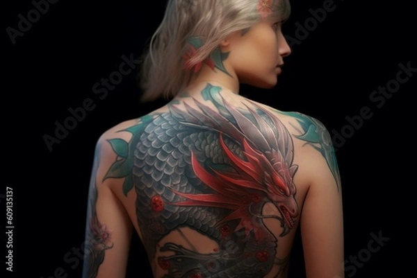 Fototapeta Dragon Tattoo art on the back of a person, Created with generative AI tools