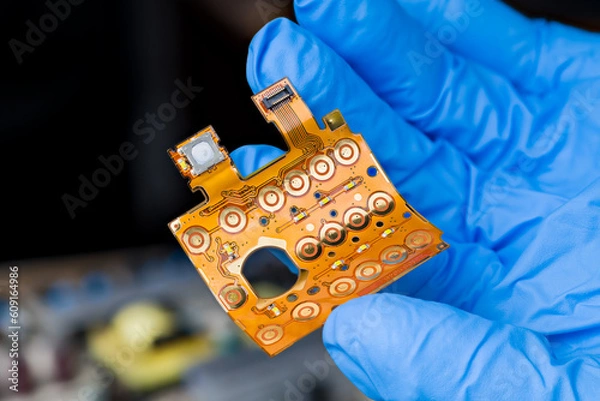 Fototapeta Closeup a flexible printed circuit of keypad membrane on engineer hand in blue glove. Round button switches, LED diodes or flex flat cable with connector on bent plastic board on dark blur background.