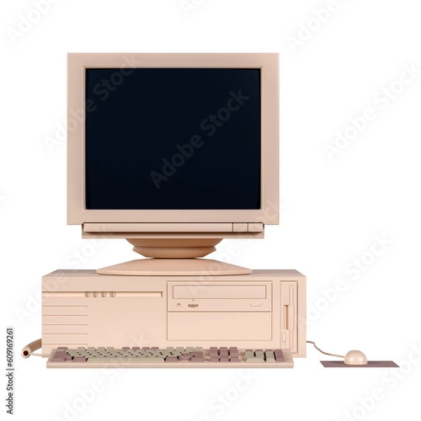 Fototapeta 3d vintage computer monitor with mouse, cpu, and keyboard from front view
