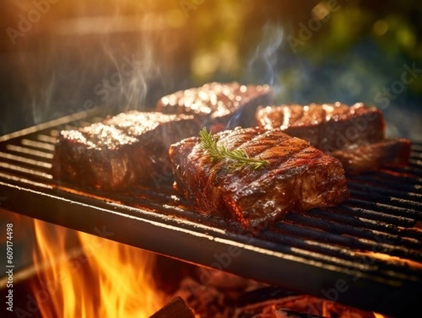 Obraz grilled meat and steak on the fired up grill, generative ai