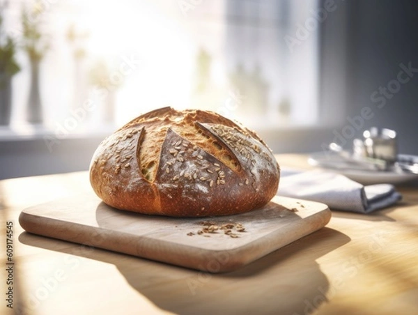 Obraz german loaf of bread on cutting board on kitchen counter, generative ai