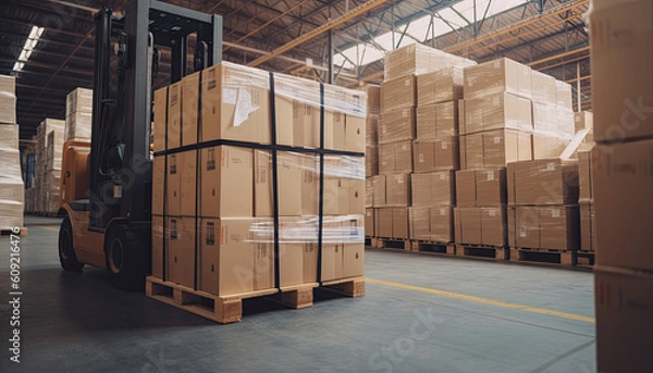 Obraz Workers Unloading Packaging Boxes on Pallet in Warehouse, Generative AI