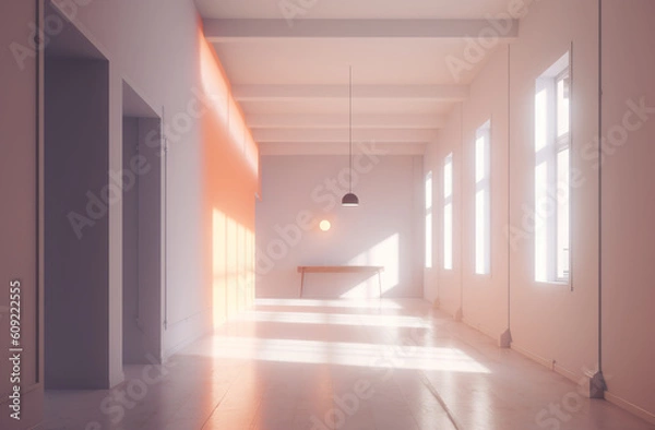 Fototapeta Empty wall in a bright room, building construction. A blurred image of a white hall with bright sun lights. Lit up modern hallway. Realistic 3D illustration. Generative AI