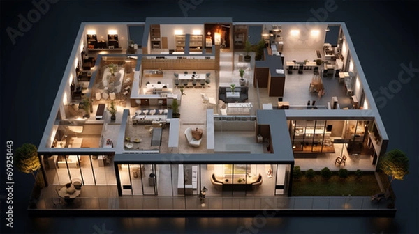Fototapeta 3d view of an office, in the style of expansive spaces, emerald and beige, aerial view, focus stacking, wood, soft and dreamy atmosphere