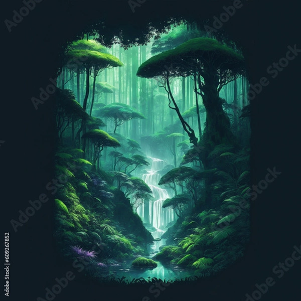 Fototapeta Beautiful vibrant rainforest oasis featuring lush trees, a meandering stream, and a stunning waterfall. Serene pastel colors create a dreamy atmosphere in this captivating illustration