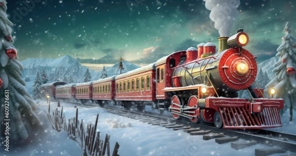 Fototapeta Christmas Train Background Generative AI