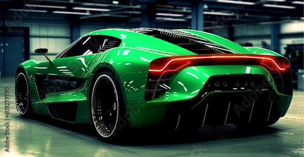 Obraz green sports car wallpaper with fantastic light effect background. generative ai