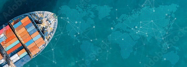 Obraz Aerial Top View. Statek kontenerowy w molo z mostem dźwigu przenosi i ikony systemu fizycznego wyprzedaży eksport i importowanie działalności na otwartym morzu. Logistyka i transport. Baner Panorama