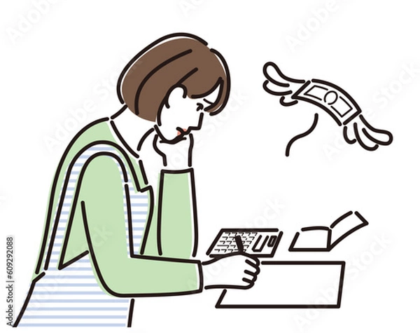 Fototapeta 飛んでいくお金と金欠に悩む女性