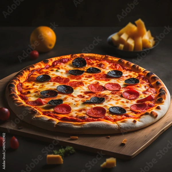 Fototapeta pizza on a wooden board, dark cinematic background, pizza foof photography image