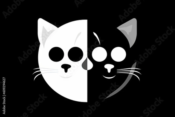 Fototapeta Cat and dog yin yang symbol. Simple, minimal cartoon white dog and black cat face.AI Generative