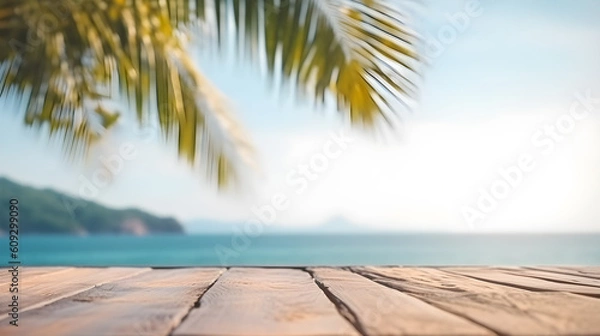 Fototapeta A blank wooden board in front of a hazy sea and sky. Brown wooden table seaside scene in perspective, perfect for photoshoot backdrops, product displays, and design mockups. Generative AI