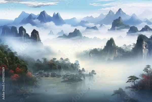 Fototapeta Chinese landscape in with a fairy garden, ink landscape painting created digitally Generative AI