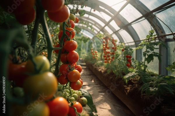 Fototapeta Greenhouse with tomato bushes. Generative AI technology.