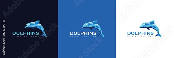 Obraz Unique Dolphin Logo. The Combination of Blue Ceramics Makes Up a Jumping Dolphin. Suitable for Company Logos, Brands, T-shirts, and Others.