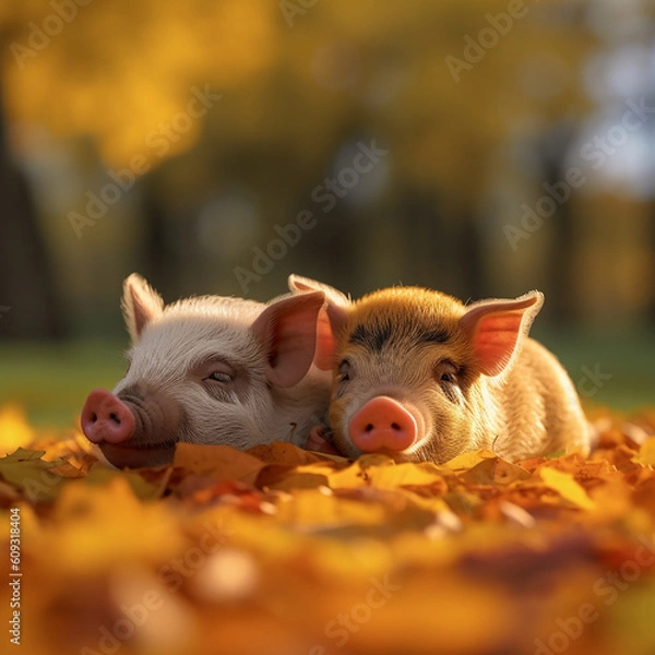 Obraz two pigs in a field sleeping