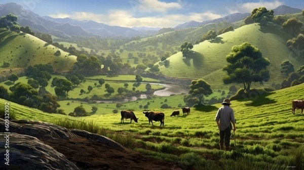 Fototapeta A farmer tending to his livestock, with a backdrop of rolling hills and farmland.
