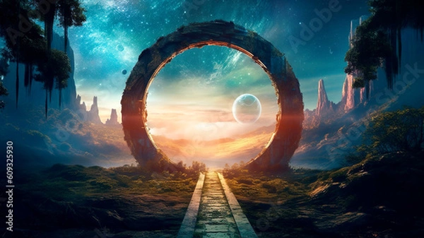 Obraz Fantastic evening alien landscape with a stargate portal, satellites in the sky, fog in the mountains