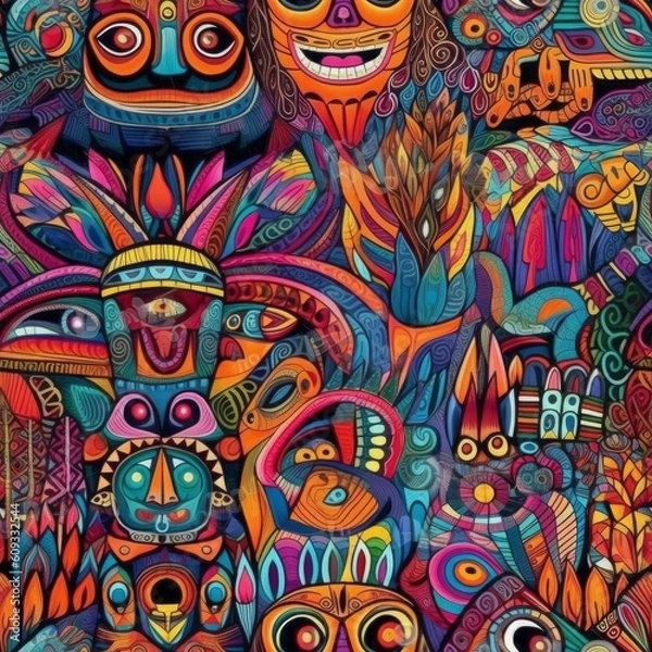 Fototapeta Peyote Cactus Digital Paper, Seamless Native American Pattern, Seamless Psychedelic Texture, Seamless Peyote Pattern, Acid Mescaline Texture, Boho Psychedelic, Psychedelic Art, Trippy Patterns, Mind-B