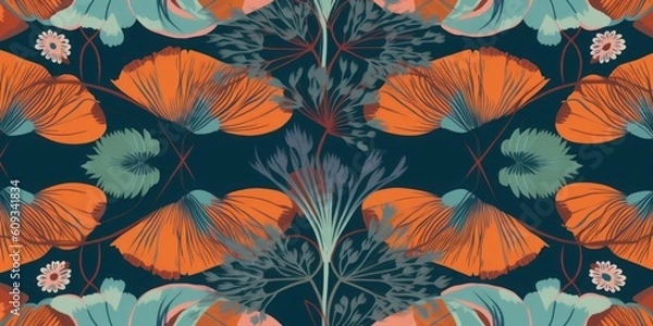 Fototapeta Modern exotic bohemian floral pattern. Collage vintage seamless print. Hand drawn cartoon style pattern, Generative AI