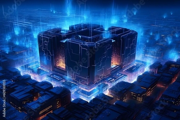 Obraz 3D renderowanie cyfrowej fortecy, otoczone świecącymi zaporami ogniowymi, tarcze w pływającym cyberprzestrzeni, skomplikowana architektura zaawansowanych technologii, widok lotniczy bezpiecznego wirtualnego środowiska, generatywne AI, KI