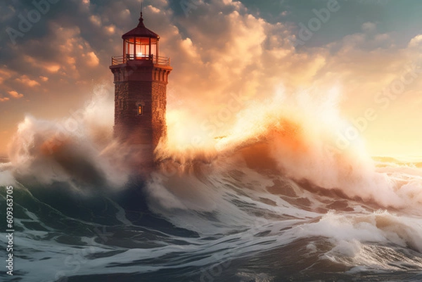 Fototapeta The power of nature: the lighthouse surrounded by powerful waves, Generative AI