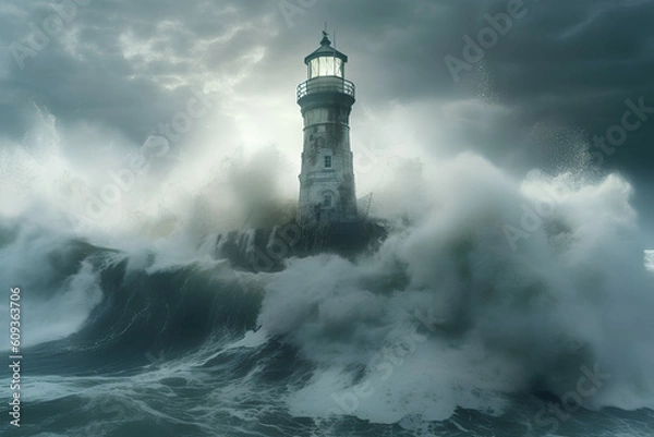 Fototapeta The power of nature: the lighthouse surrounded by powerful waves, Generative AI