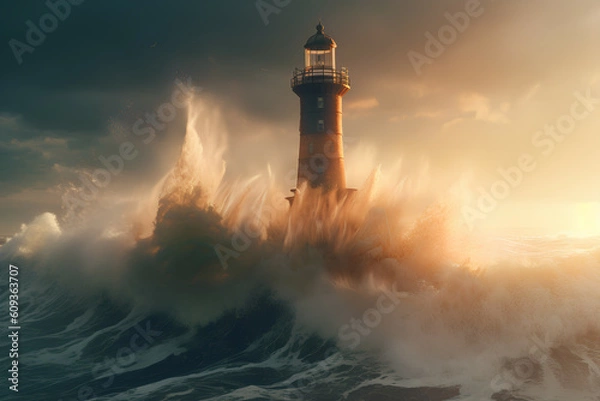 Fototapeta The power of nature: the lighthouse surrounded by powerful waves, Generative AI