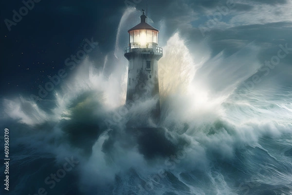 Fototapeta The power of nature: the lighthouse surrounded by powerful waves, Generative AI