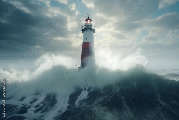 Fototapeta The power of nature: the lighthouse surrounded by powerful waves, Generative AI
